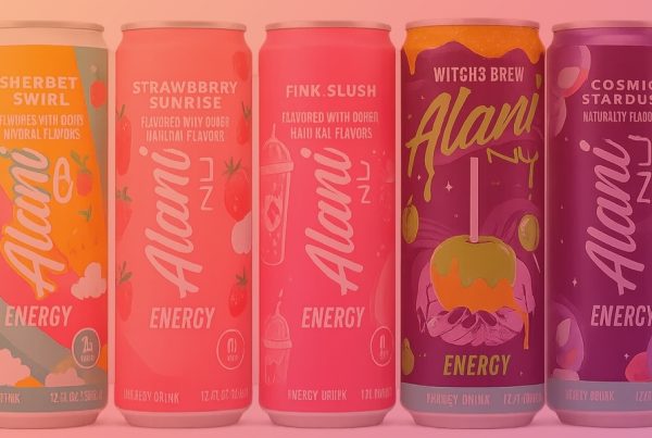 Five colorful cans of Alani Nu energy drinks are shown in a row, each with unique pastel designs and flavors: Sherbet Swirl, Strawberry Sunrise, Fink Slush, Witchs Brew, and Cosmic Stardust—promoting both great taste and brand safety.