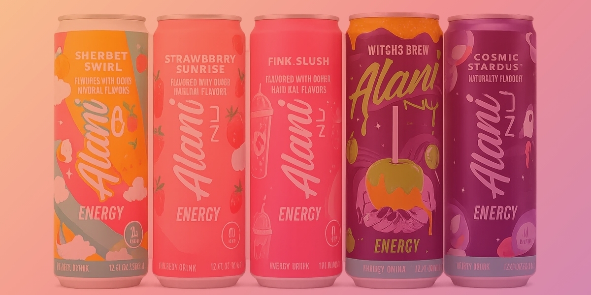 Five colorful cans of Alani Nu energy drinks are shown in a row, each with unique pastel designs and flavors: Sherbet Swirl, Strawberry Sunrise, Fink Slush, Witchs Brew, and Cosmic Stardust—promoting both great taste and brand safety.