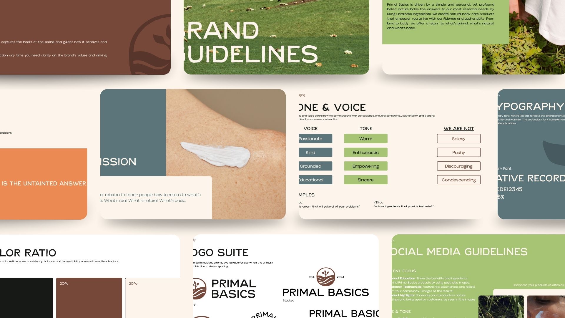A collage of brand guideline slides, featuring sections on tone of voice, color palettes, logo usage, social media guidelines, and a close-up image of lotion on skin. The slides display text, charts, and visual elements.
