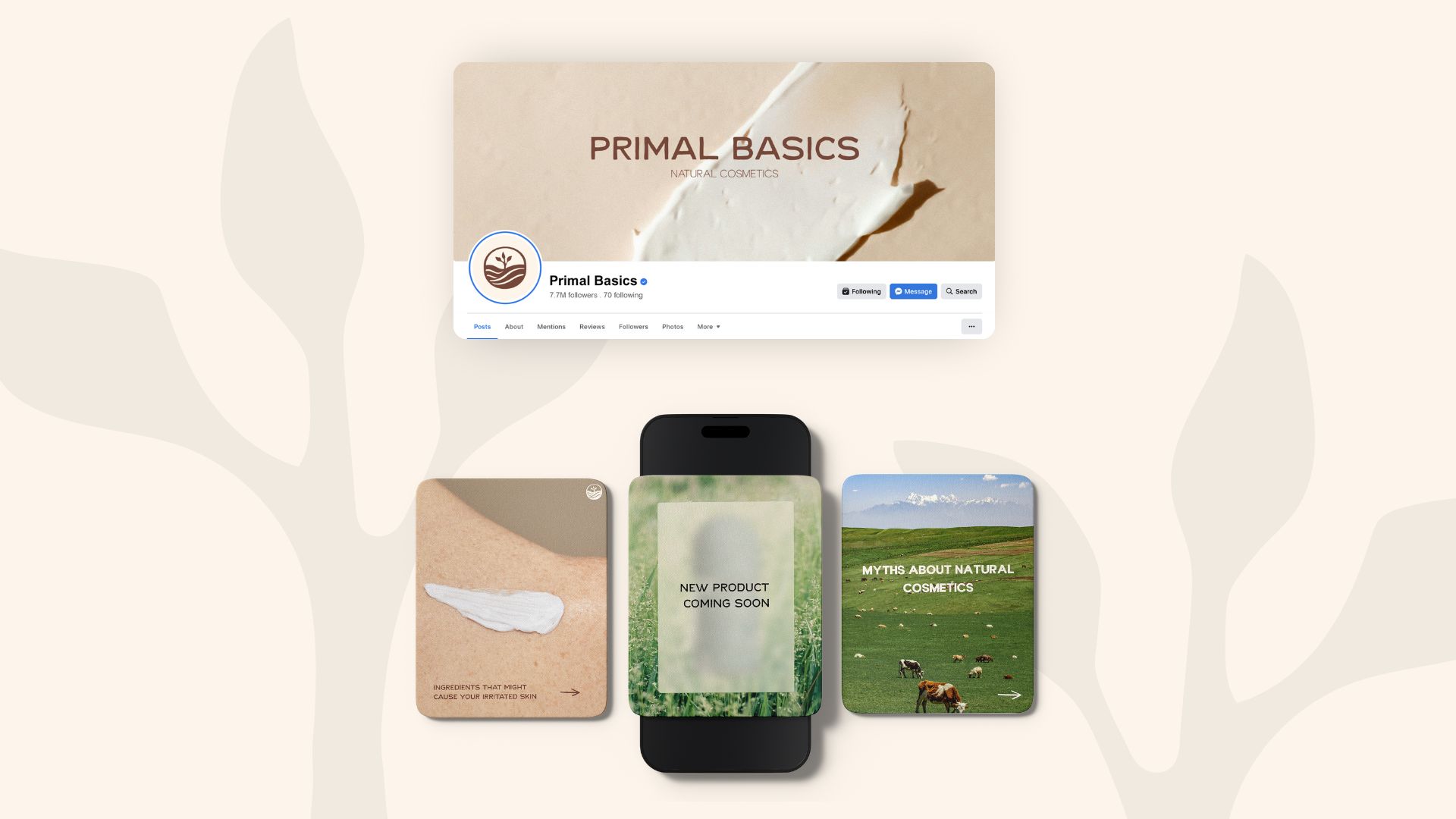 A mockup of Primal Basics’ Facebook page and three Instagram posts, featuring natural skincare themes, cream textures, natural landscapes with cows, and “New Product Coming Soon” displayed on a phone screen.