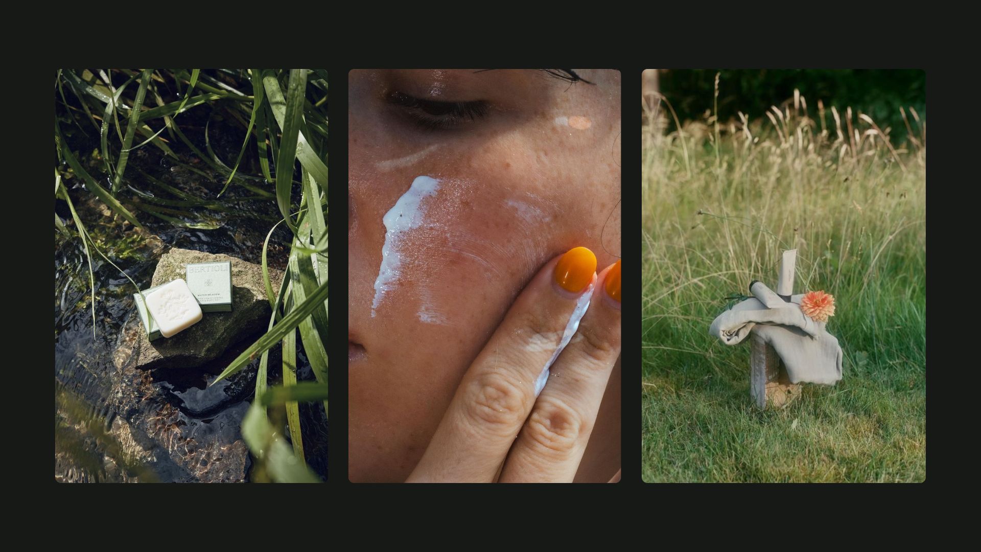 A triptych: a soap bar and box on a rock by water, a close-up of a person applying cream to their cheek, and folded towels with a flower on grass in a field.