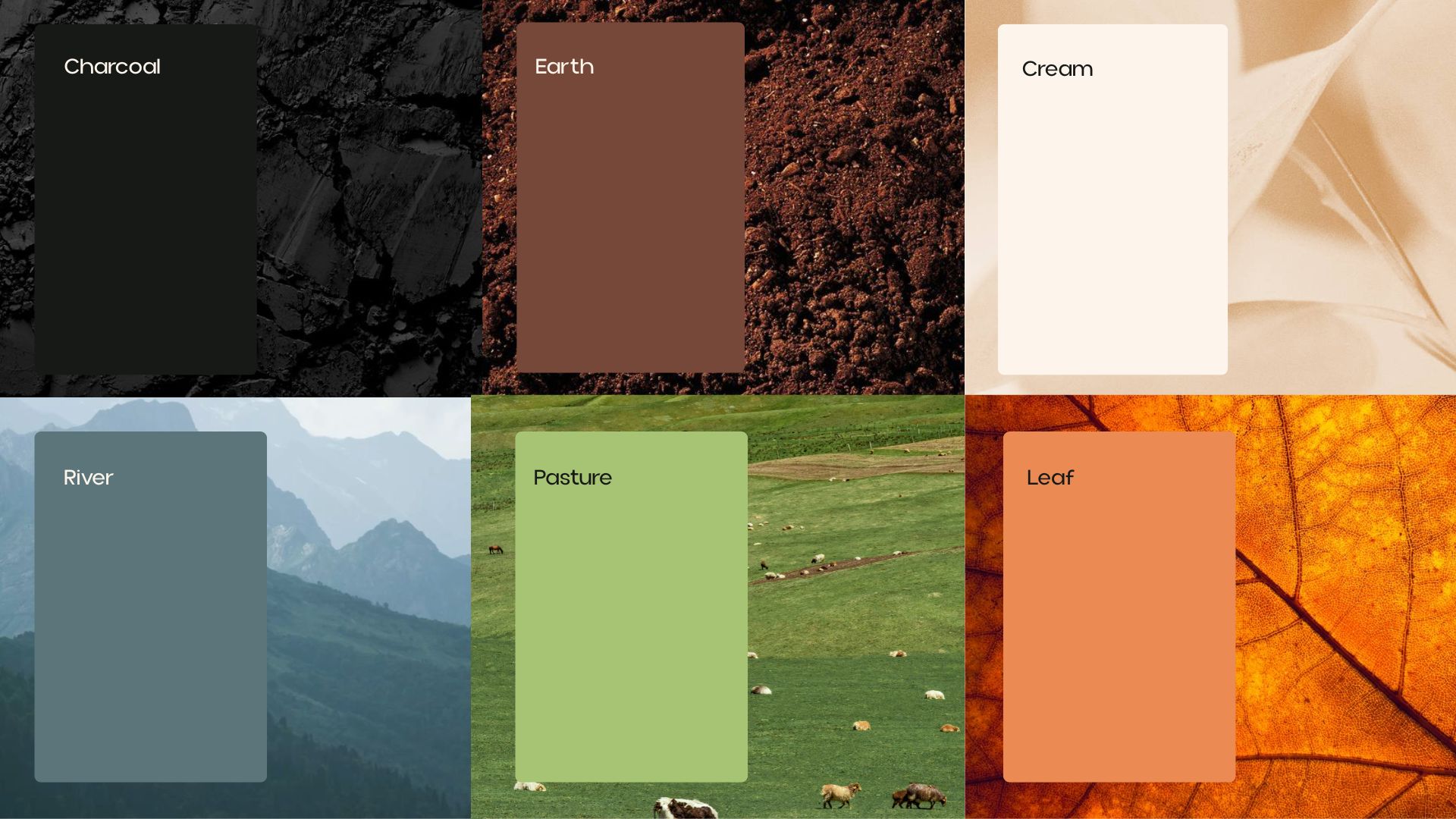 Six color swatches labeled Charcoal, Earth, Cream, River, Pasture, and Leaf, each overlaid on a background image that matches the color name, such as soil for Earth and grass for Pasture.