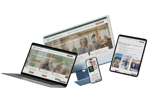 Three digital devices displaying the Summerfield Retirement website: a laptop, desktop monitor, and tablet, each showing different sections of the site with images and text.