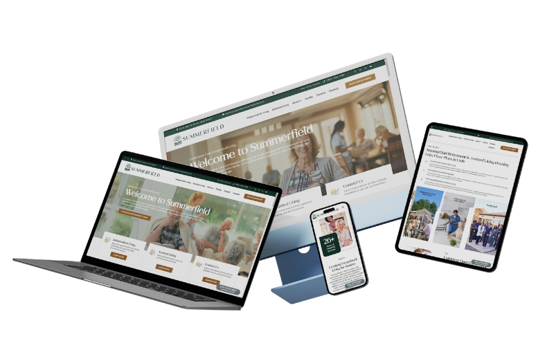 Three digital devices displaying the Summerfield Retirement website: a laptop, desktop monitor, and tablet, each showing different sections of the site with images and text.