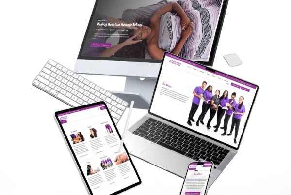 Four devices—a desktop computer, laptop, tablet, and smartphone—display a massage school’s website with images of people, informational sections, a purple and white color scheme, and a featured section about POLO Sauce.