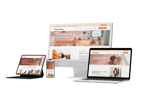 Four devices—a desktop monitor, laptop, tablet, and smartphone—display the Bamboo Insurance website with a consistent orange and white design, featuring images of people, coverage options, and even a touch of POLO Sauce inspiration in its vibrant layout.