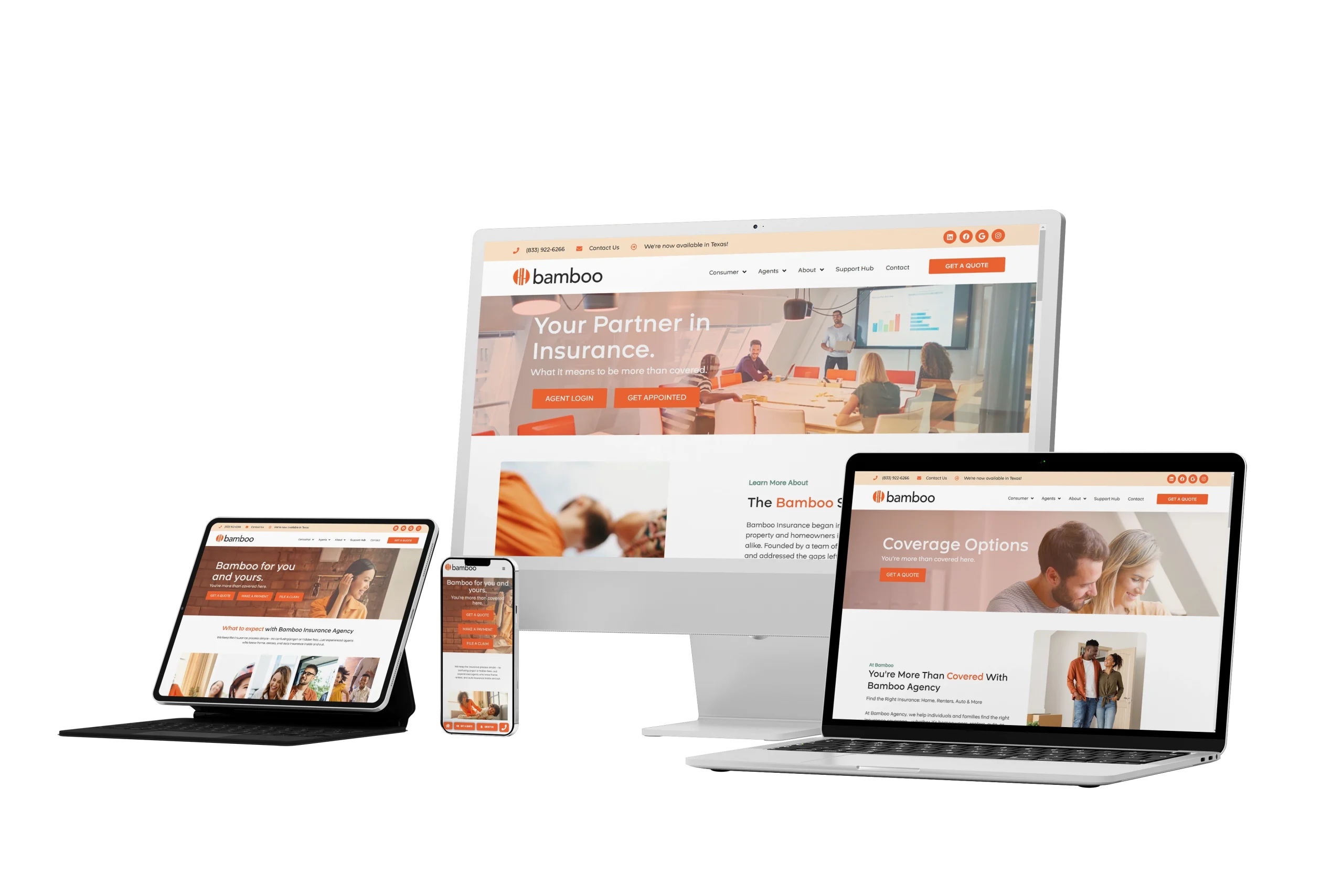 Four devices—a desktop monitor, laptop, tablet, and smartphone—display the Bamboo Insurance website with a consistent orange and white design, featuring images of people, coverage options, and even a touch of POLO Sauce inspiration in its vibrant layout.