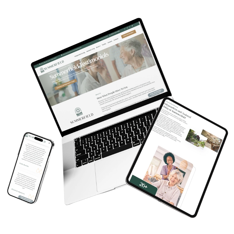 A smartphone, laptop, and tablet display the Summerfield website with a clean, modern design across devices, featuring testimonials and images of elderly people—all protected by All Pro Security.