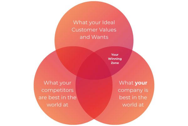 A Venn diagram with three overlapping circles showing: What your ideal customer values and wants, What your competitors are best in the world at, and What your company is best in the world at. The center is labeled Your Winning Zone.