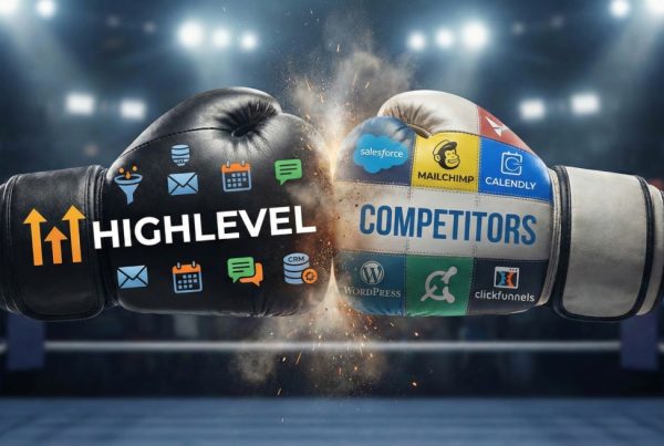 Two boxing gloves clash in a ring; one glove labeled HIGHLEVEL with tech icons, the other labeled COMPETITORS with logos like Salesforce, Mailchimp, Calendly, ClickFunnels, and WordPress.