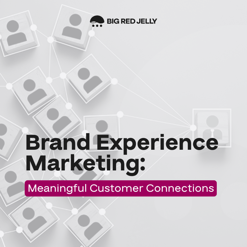 A graphic with the Big Red Jelly logo and text reading Brand Experience Marketing: Meaningful Customer Connections, highlighting the impact of brand experience marketing over a background of connected profile icons.