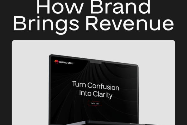 A promotional graphic for Big Red Jelly features the text How Brand Brings Revenue above an image of a laptop displaying Turn Confusion Into Clarity and a button labeled Lets Talk, highlighting brand as a growth driver.