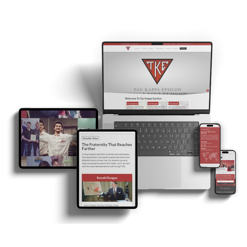 A laptop, tablet, and two smartphones display Tau Kappa Epsilon fraternity’s website and related content, including the homepage, notable alumni, a group photo, and a map.