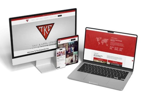 A desktop monitor, tablet, and laptop display the Tau Kappa Epsilon fraternity website, featuring a red and white theme with the TKE logo, interactive map, and various Tau Kappa Epsilon multimedia content on the screens.