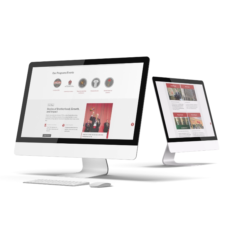 Two modern desktop computers displaying a Tau Kappa Epsilon website with event programs, images, icons, and articles on white screens, shown from two different angles on a white background.