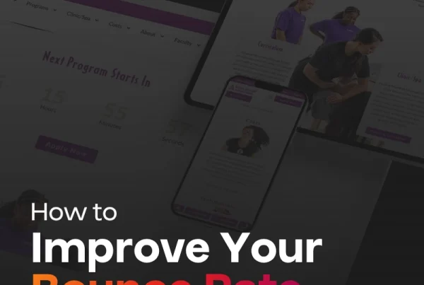 A dark-themed graphic with laptops, tablets, and phones displaying a website, overlaid with the text How to Improve Your Bounce Rate in bold white and orange letters.