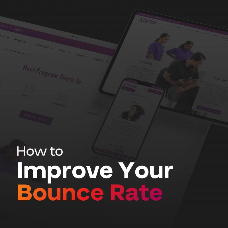 A dark-themed graphic with laptops, tablets, and phones displaying a website, overlaid with the text How to Improve Your Bounce Rate in bold white and orange letters.