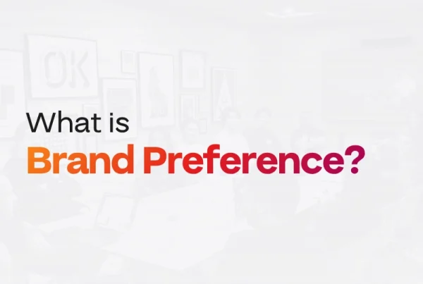 The text What is Brand Preference? appears over a faded background image of people meeting in a modern office with framed art on the wall.