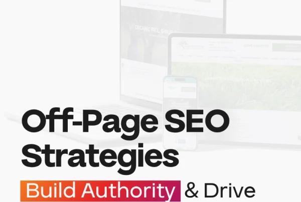 Laptops and a smartphone display websites in the background with bold text in front: Off-Page SEO Strategies. Build Authority & Drive Strategic Growth.