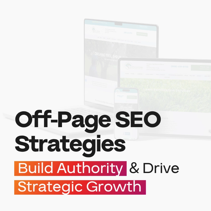 Laptops and a smartphone display websites in the background with bold text in front: Off-Page SEO Strategies. Build Authority & Drive Strategic Growth.
