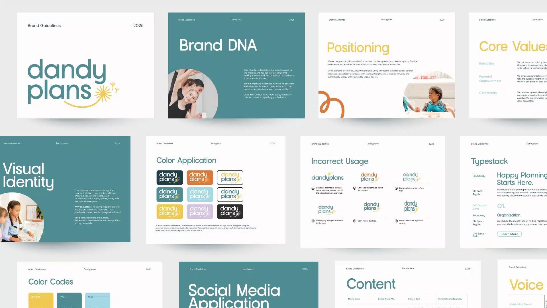 A digital presentation of brand guidelines for dandy plans, displaying slides on logo, colors, typography, positioning, brand DNA, visual identity, social media, and core values using teal, white, and yellow accents.