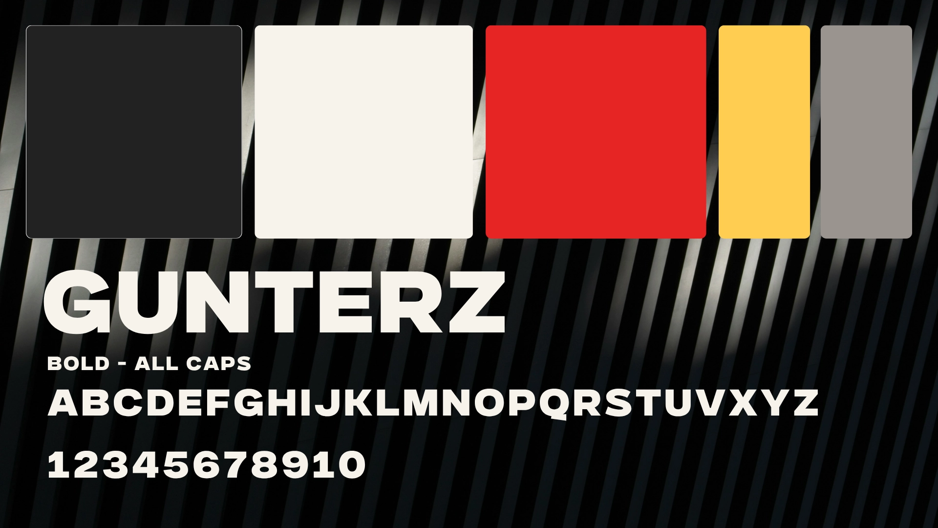 Image showing the Gunterz font in bold, all caps. The sample alphabet and numbers 1–10 appear in white. Four color swatches—black, off-white, red, and yellow—are displayed above the type sample.