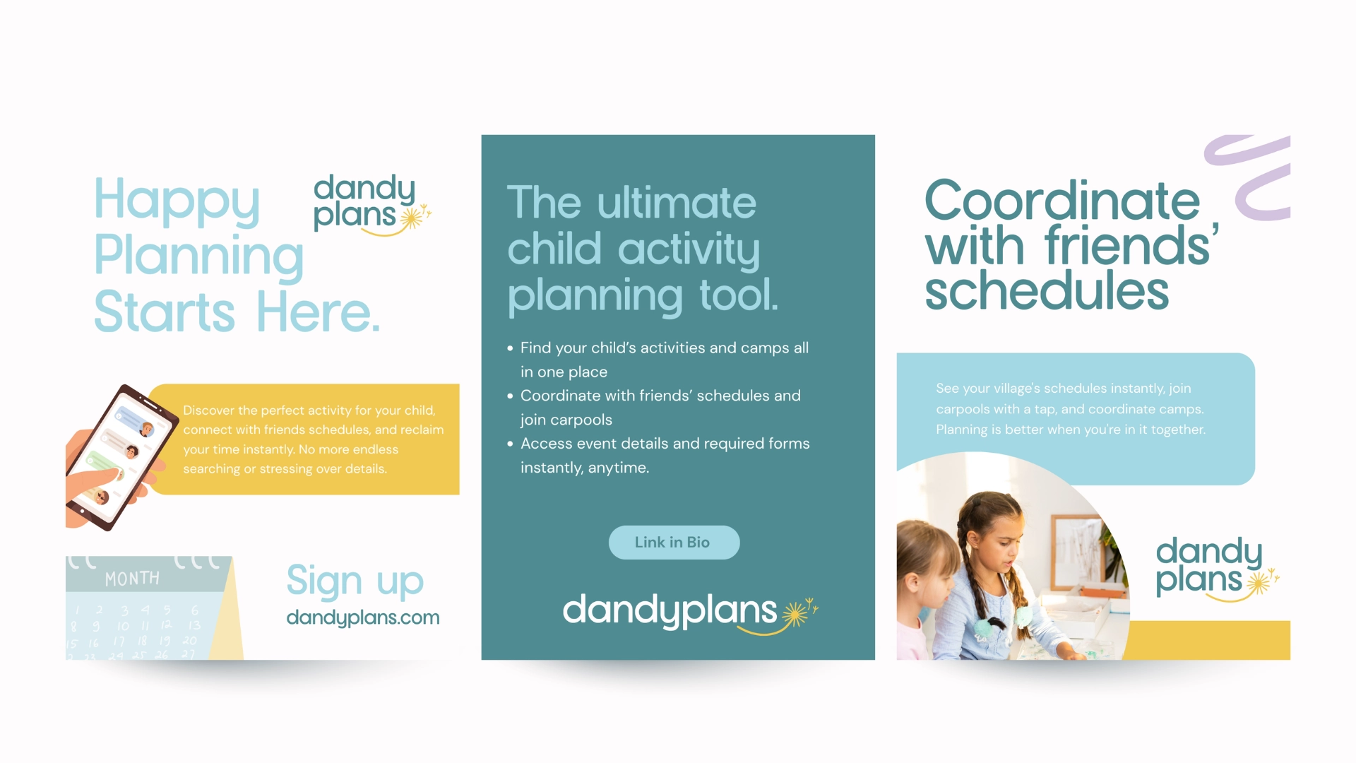 Three promotional banners for dandy plans, a child activity planning tool. They feature text, playful graphics, a calendar, a phone, and images of children and a parent using a laptop to coordinate schedules.