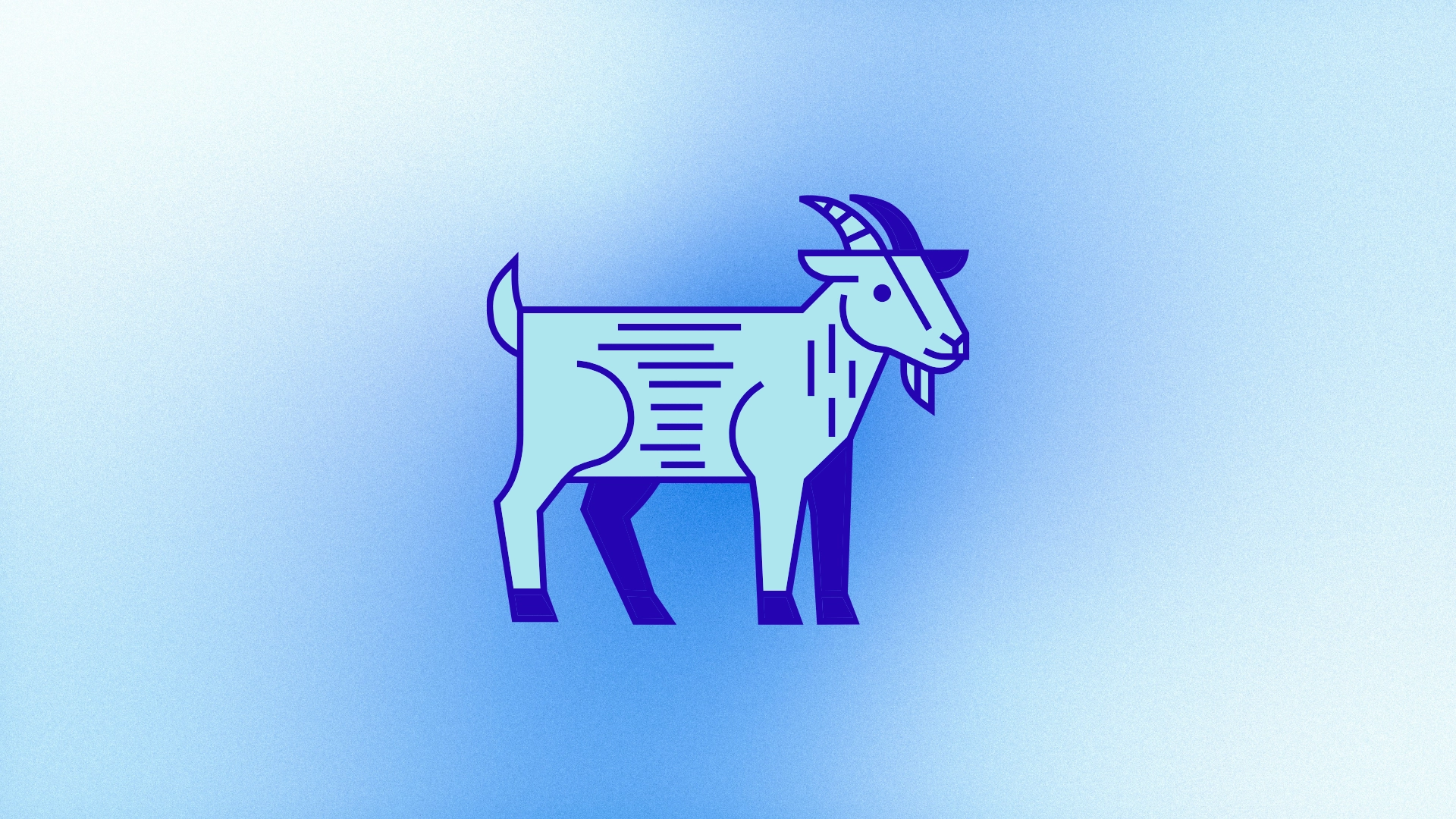 A minimalist, stylized drawing of a goat with horns and a beard, outlined in dark blue on a soft blue gradient background.