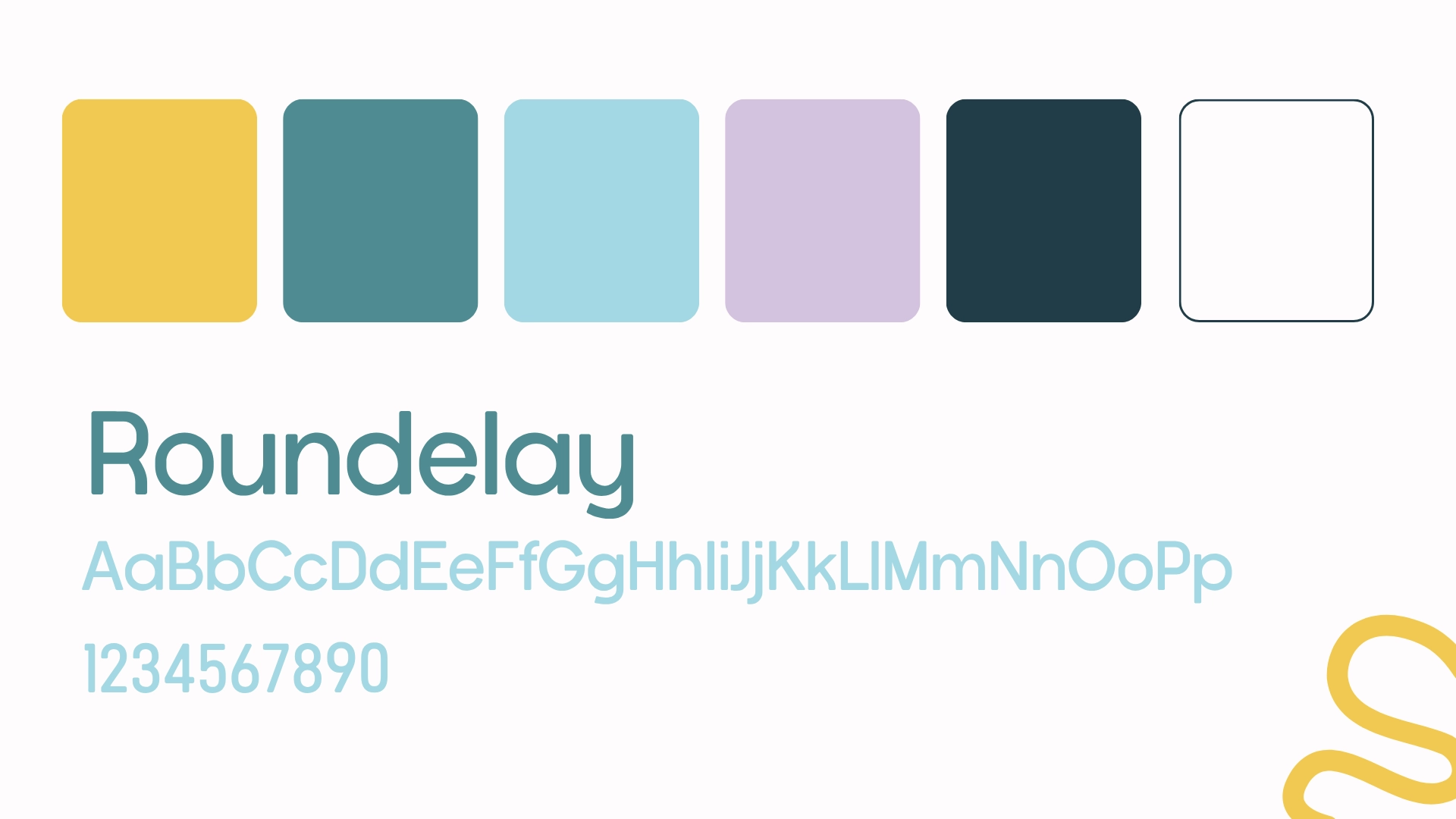 A color palette with six squares in mustard yellow, teal, light blue, lavender, dark teal, and white. Below is text in a rounded sans-serif font showing uppercase, lowercase letters, and numbers 1-9 in teal.