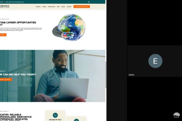 A computer screen shows a website with a globe image and a man using a laptop, alongside a video call interface with one participant labeled Eddie and the rest of the screen blank.
