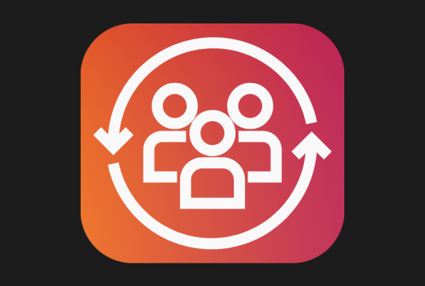 White icon of three people inside a circular arrow on an orange and pink square background. BIG RED JELLY, a branding digital agency, features a jelly icon in the corner on a black background.