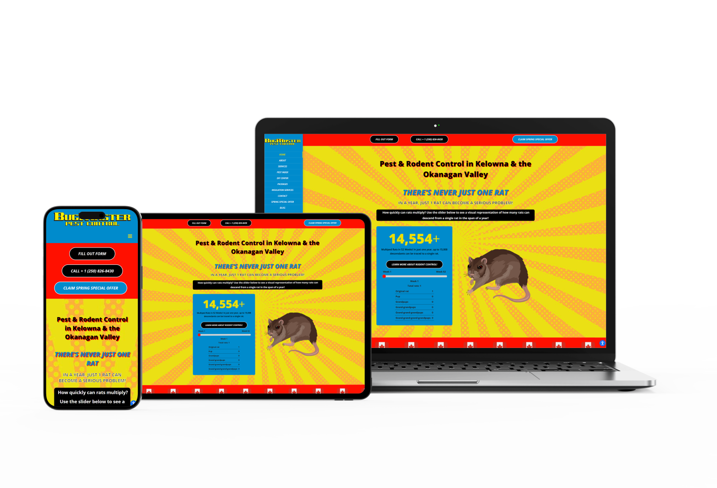 A website about pest and rodent control, branded as BugMaster, is displayed on a smartphone, tablet, and laptop—all featuring a bright yellow background with red rays, bold pest control statistics, contact buttons, and an image of a rat.