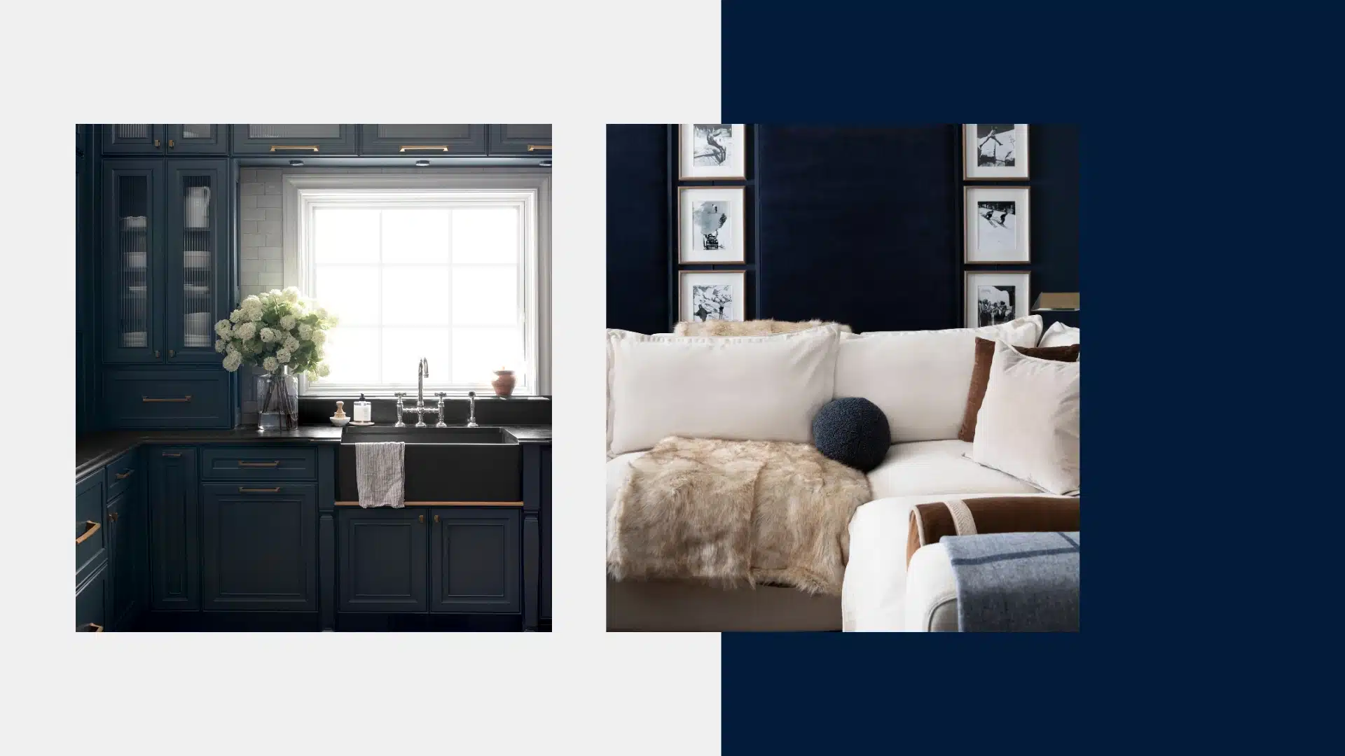 Split image: On the left, a navy-blue kitchen with gold hardware, white flowers, and a farmhouse sink under a bright window. On the right, a cozy beige sofa with pillows and a fur throw against navy wall panels.