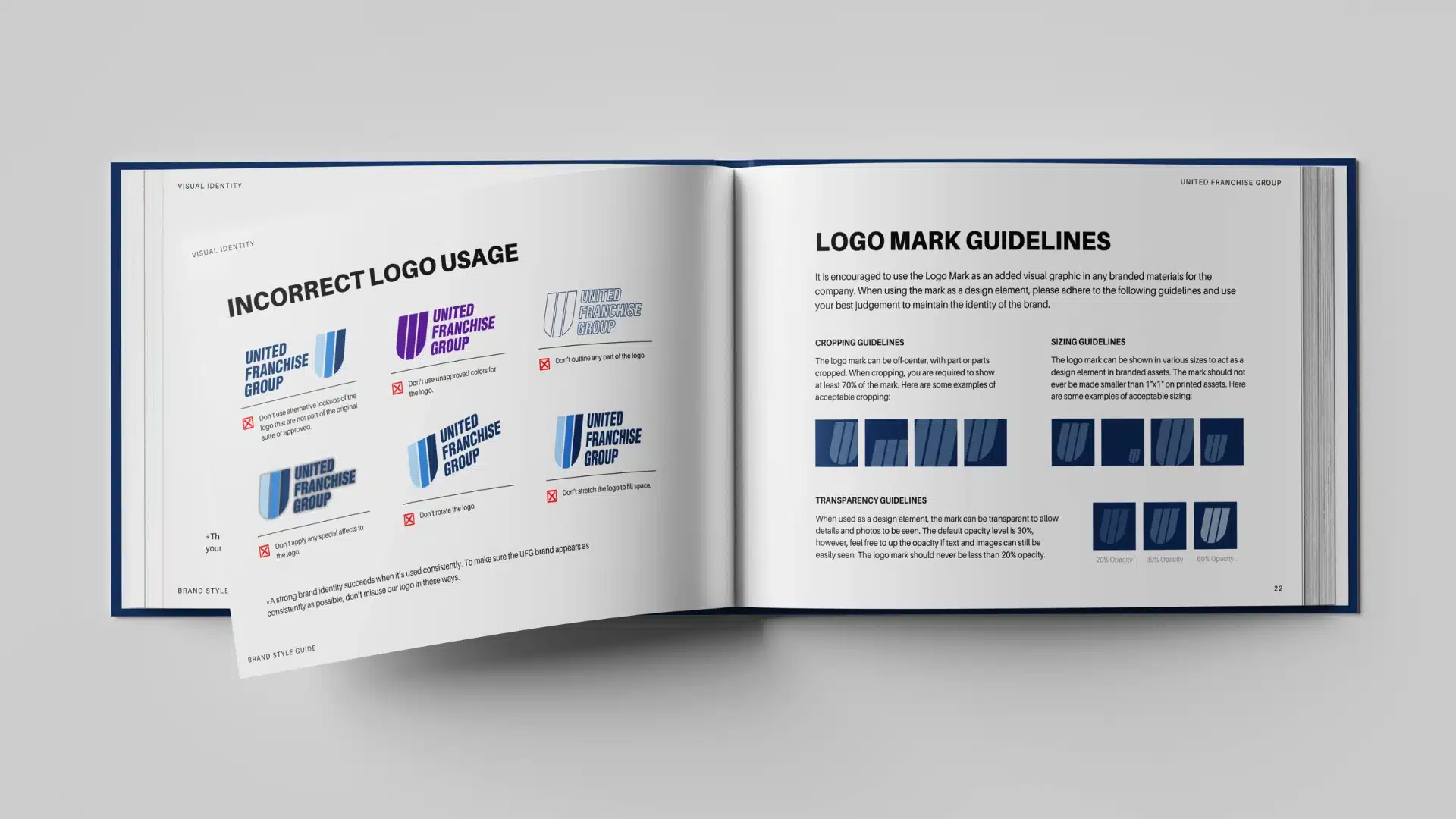 An open brand guidelines book displays incorrect logo usage examples on the left page and logo mark guidelines, including descriptions and logo variations, on the right page. The background is light gray.