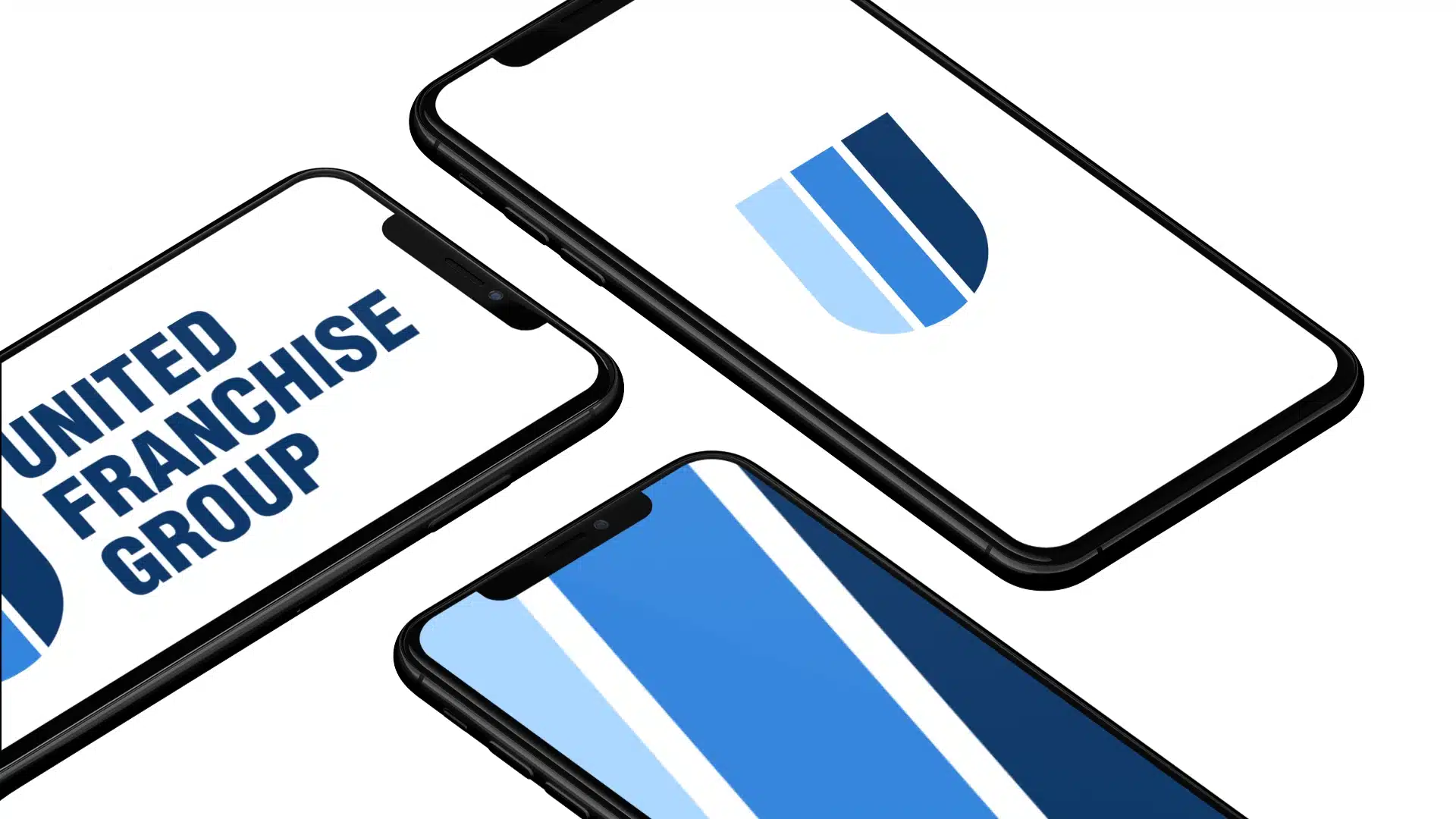 Three smartphones display the United Franchise Group logo and branding in blue and white, featuring bold text and stylized shield-like graphics on white backgrounds.
