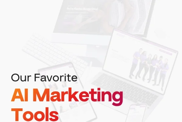 Text graphic with computers and mobile screens in the background. Bold text reads: Our Favorite AI Marketing Tools as a Digital Agency in 2026, highlighting top ai marketing tools for smarter strategies.