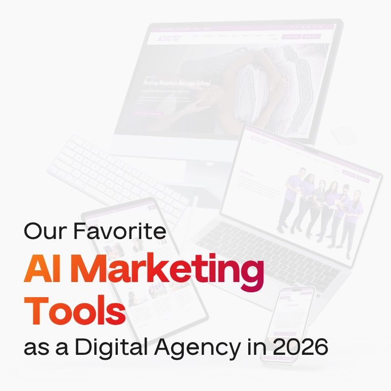 Gráfico com texto, computadores e telas de celulares ao fundo. O texto em negrito diz: Nossas ferramentas favoritas de IA para marketing como agência digital em 2026, destacando as principais ferramentas de IA para estratégias mais inteligentes.