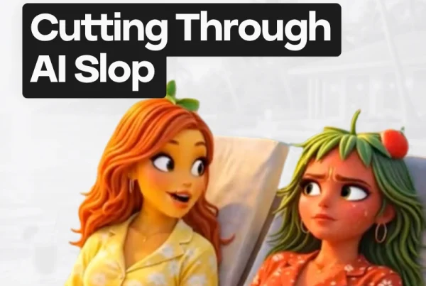 Two animated women in patterned pajamas sit on a couch; one with orange hair gestures while smiling, the other with green hair and a strawberry on her head looks unimpressed. Text reads: AI Personalization—cutting through generic AI slop for you.