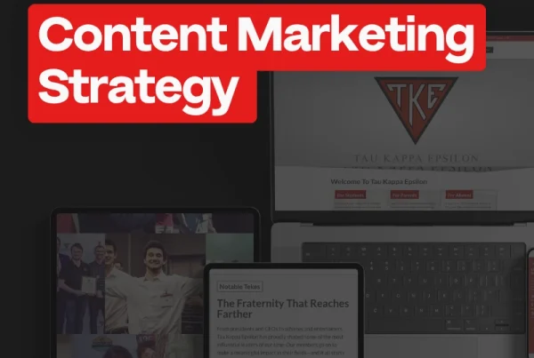 Text reads, How to Build a Content Marketing Strategy. Background shows partially visible digital devices displaying a website and images, with the Tau Kappa Epsilon logo on a laptop screen.