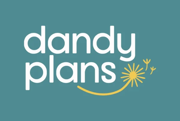 The image features the words dandy plans in white lowercase letters on a teal background, with a yellow dandelion illustration replacing the letter a in plans.