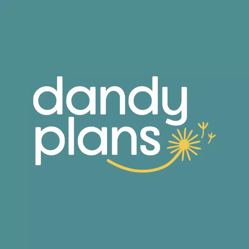The image features the words dandy plans in white lowercase letters on a teal background, with a yellow dandelion illustration replacing the letter a in plans.