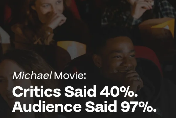 A group of people laughing in a movie theater. Overlaid text reads: Michael Movie: Critics Said 40%. Audience Said 97%. Here’s the Lesson.
