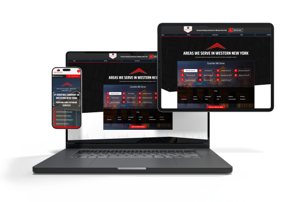 A smartphone, laptop, and tablet display the Summerfield Retirement website in a dark theme. The site headline reads “Areas We Serve in Western New York” above a list of counties served. The devices are shown on a white background.