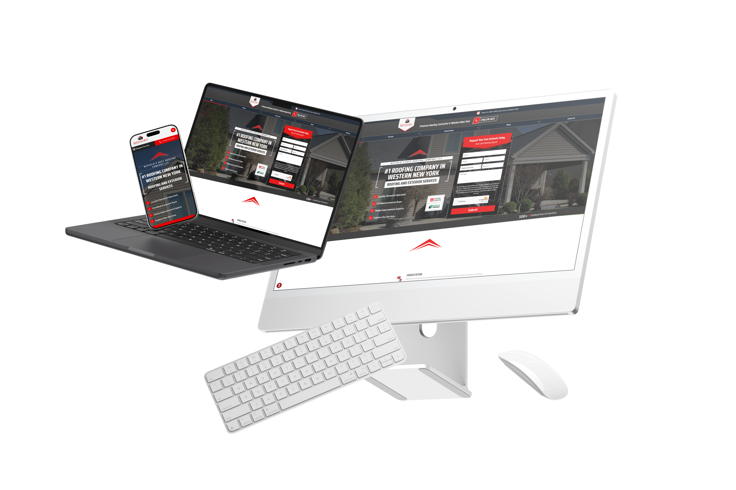 A smartphone, laptop, and desktop computer display Buffalo's Best Roofing website, illustrating a responsive design. A wireless keyboard and mouse are placed in front of the monitor, all on a white background.