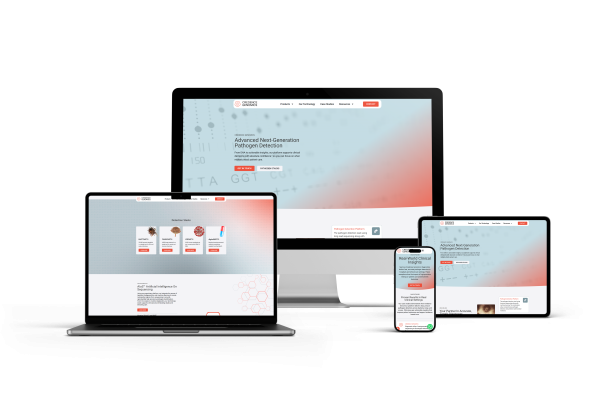 Four devices (desktop, laptop, tablet, and smartphone) display Credence Genomics’ website with a blue and red gradient background, scientific graphics, and navigation menus, demonstrating the site’s responsive design.