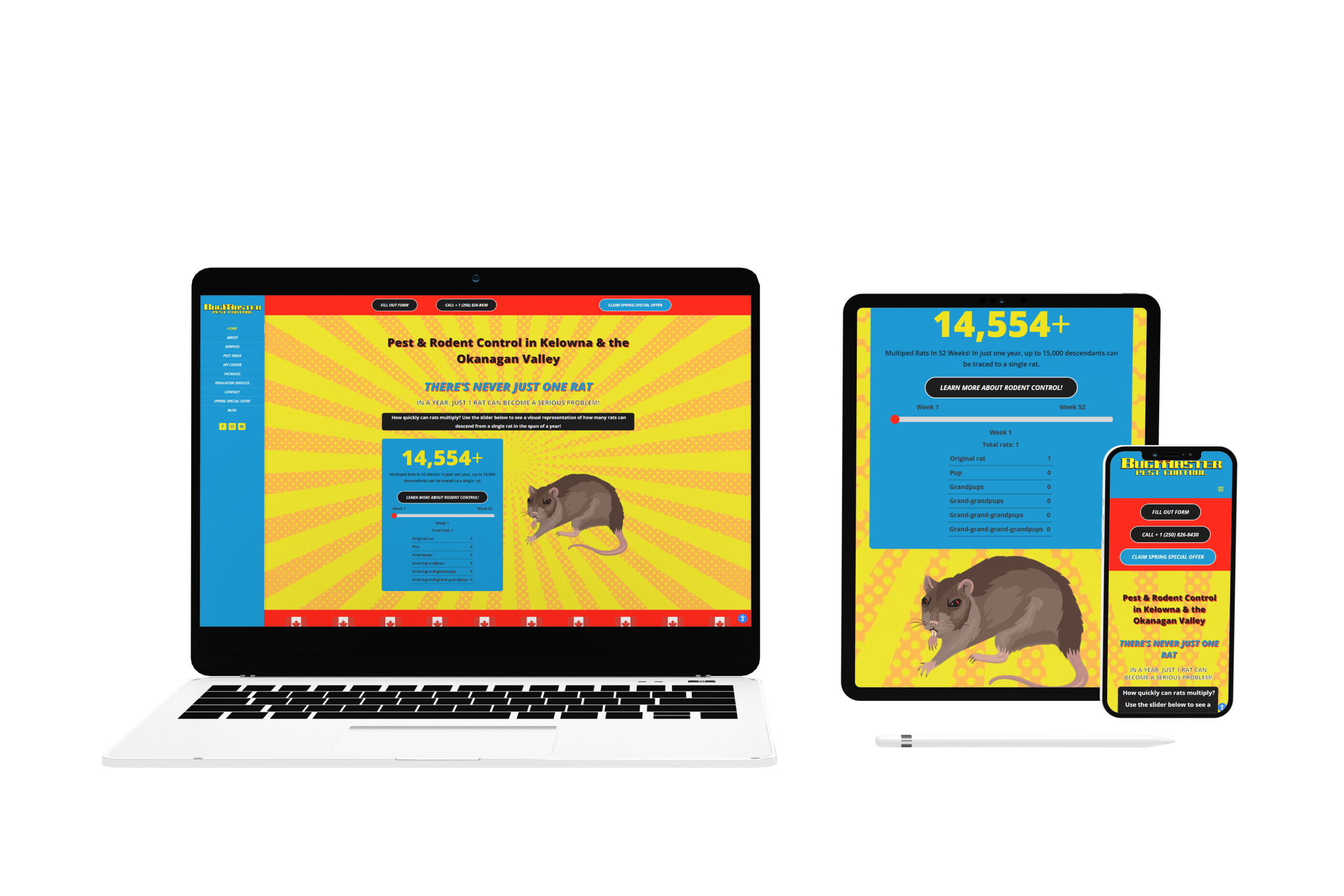A laptop, tablet, and smartphone display the colorful BugMaster pest control website with yellow and red backgrounds, bold numbers, text, and an illustrated rat. The site features pest statistics, reviews, and contact information.