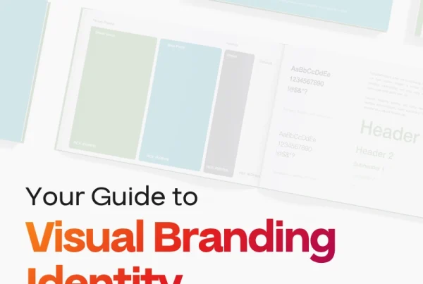 A graphic with color swatches and design samples in the background. In the foreground, bold text reads: Your Guide to Visual Branding Identity with Visual Branding Identity in gradient orange to red.