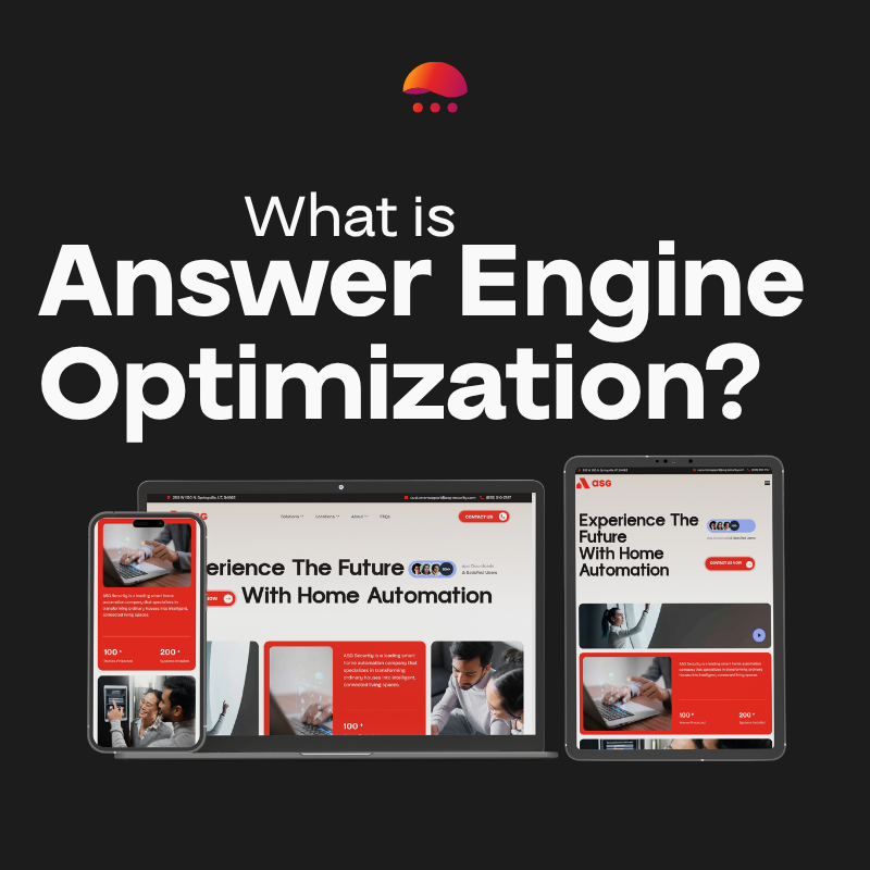 Three devices—a smartphone, laptop, and tablet—display the same website with “What is Answer Engine Optimization?” above them on a black background, highlighting strategies to boost website traffic conversion.